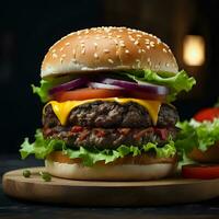 ai gerado delicioso hamburguer com suculento carne, derretido queijo, e fresco condimentos foto