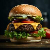 ai gerado delicioso hamburguer com suculento carne, derretido queijo, e fresco condimentos foto