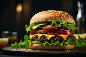 ai gerado delicioso hamburguer com suculento carne, derretido queijo, e fresco condimentos foto