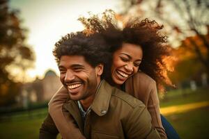 ai gerado jovem africano americano casal rindo dentro a parque bokeh estilo fundo com generativo ai foto