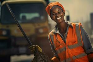 ai gerado uma fêmea rua varredor trabalhador sorridente bokeh estilo fundo com generativo ai foto