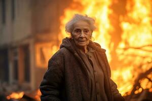ai gerado a velho mulher em pé dentro frente do uma queimando construção bokeh estilo fundo com generativo ai foto