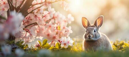 ai gerado Páscoa Coelho Coelho com colorida ovo em pastel Primavera fundo, perfeito para texto colocação. foto