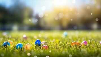 ai gerado vibrante Páscoa bandeira com colorida ovos dentro exuberante grama, Sol raios, desfocado fundo foto