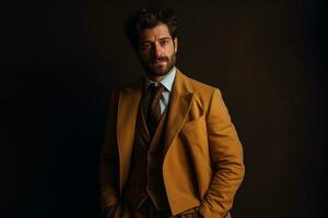 ai gerado bonito homem modelo vestindo amarelo terno com gerado ai foto