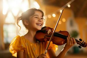 ai gerado jovem menina jogando violino bokeh estilo fundo com generativo ai foto