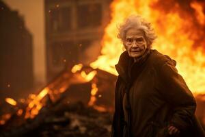 ai gerado a velho mulher em pé dentro frente do uma queimando construção bokeh estilo fundo com generativo ai foto