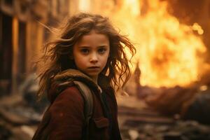 ai gerado uma jovem menina em pé dentro frente do uma queimando construção bokeh estilo fundo com generativo ai foto
