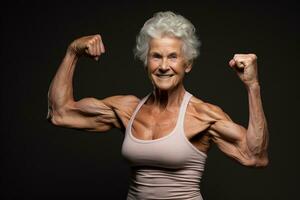 ai gerado a idosos mulher mostrar dela músculo em Sombrio fundo com generativo ai foto