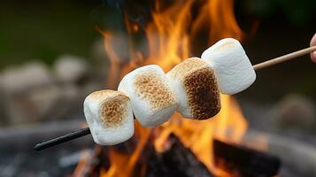 ai gerado fechar acima do mãos assar marshmallows em uma bastão dentro a caloroso brilho do a tarde fogueira foto