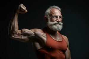 ai gerado a idosos homem mostrar dele músculo dentro Sombrio fundo com generativo ai foto