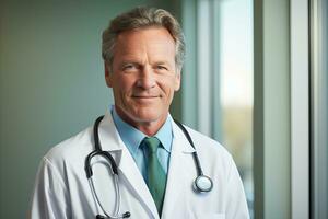 ai gerado sorridente masculino médico com guardada braços em cinzento fundo, representando cuidados de saúde conceito foto