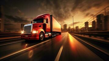 ai gerado eficiente e confiável transporte clássico americano caminhão com pesado carga em ocupado rodovias foto