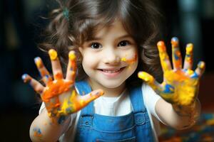 ai gerado engraçado criança menina desenha rindo mostra mãos sujo com cor pintar. generativo ai. foto