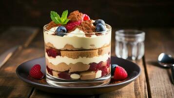 ai gerado mascarpone em camadas Tiramisu Comida foto