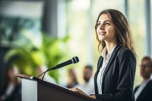 ai gerado fêmea alto falante dando uma conversa em corporativo o negócio conferência. irreconhecível pessoas dentro público às conferência corredor. o negócio e empreendedorismo evento foto