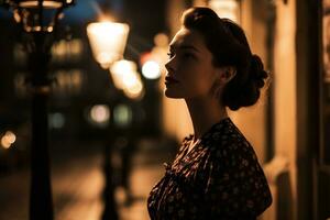 ai gerado mulher dentro uma vintage vestir em pé dentro a suave brilho do uma lâmpada de rua às noite foto