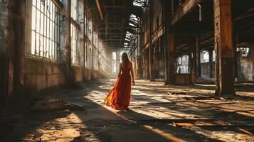 ai gerado tiro do uma mulher caminhando através a abandonado industrial espaço foto