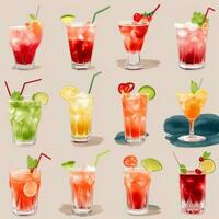 ai gerado coquetel mocktail bebidas coleção ilustração água cor simples fundo foto