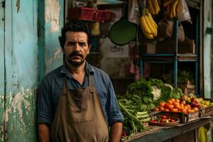 ai gerado retrato do uma homem vendendo frutas e legumes dentro a mercado foto