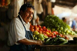 ai gerado retrato do a idosos homem vendendo fresco legumes às local mercado foto