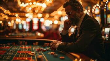 ai gerado homem jogando roleta dentro casino. homem com uma barba e óculos. foto