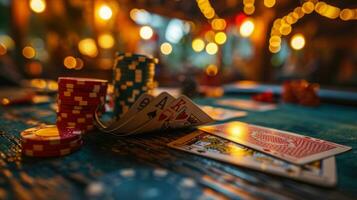 ai gerado jogando cartões e salgadinhos em de madeira mesa dentro casino. seletivo foco foto