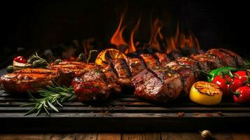 ai gerado fumaça carne churrasco Comida foto