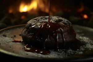 ai gerado delicioso fresco fundente com quente chocolate e hortelã em Preto mesa. neural rede ai gerado foto