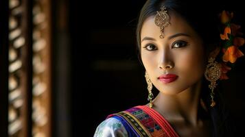 ai gerado lindo tailandês menina dentro tradicional vestir fantasia. tradicional cultura foto