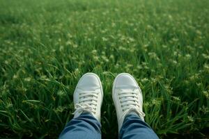 ai gerado Primavera vibrações pés dentro branco tênis em fresco verde Relva foto