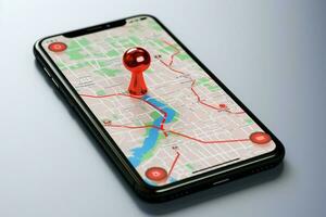 ai gerado localização aplicativo Smartphone exibição com 3d vermelho mapa ponteiro foto