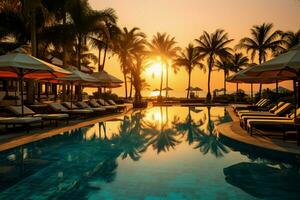 ai gerado nascer do sol retiro luxo hotel piscina com Palma árvore e guarda-chuva foto