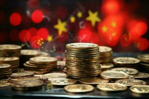 ai gerado Ásia mercado dinâmica estoque investimento com moeda, China bandeira pano de fundo foto