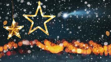 surpreendente dois estrelas Natal luzes em uma inverno floresta fundo com bokeh dourado luzes, neve e uma queda estrela, conceito. feliz Novo ano e Natal cartão, criativo idéia foto