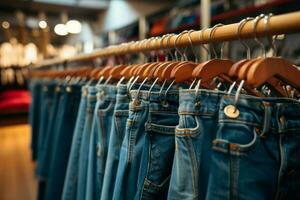 ai gerado moda varejo fascinar jeans calça suspensão em prateleira dentro roupas foto