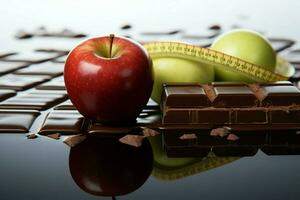 ai gerado escolher sabiamente maçã e chocolate, simbolizando saúde e indulgência foto