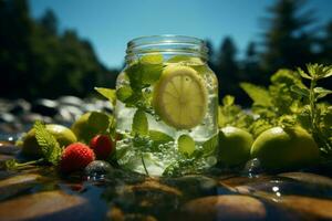 ai gerado resfriamento verão essência natureza inspirado bebida, comida, água, verde, e gelo foto