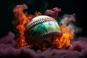 ai gerado beisebol espetáculo colorida bola pops contra uma misterioso, esfumaçado fundo foto