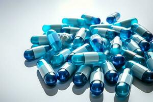 ai gerado farmacêutico elegância azul branco antibiótico cápsulas em uma branco fundo foto