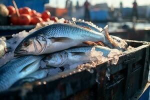 ai gerado peixe mercado cena recentemente apanhado peixe dentro caixotes com gelo foto