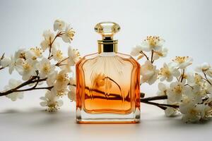 ai gerado visual fascinar perfume garrafas e flores crio elegância em branco foto