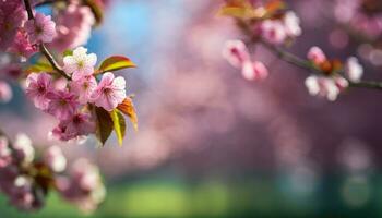 ai gerado uma fechar-se do Rosa cereja flores com uma borrado fundo, destacando a flores delicado pétalas e estames foto