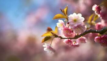 ai gerado uma fechar-se do Rosa cereja flores com uma borrado fundo, destacando a flores delicado pétalas e estames foto