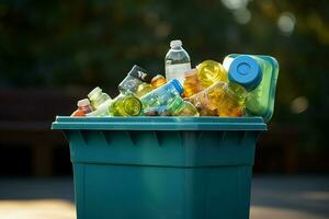 ai gerado eco consciência reciclando bin preenchidas com sortido plástico desperdício e lixo foto