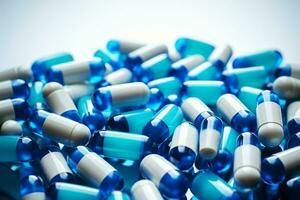 ai gerado antibiótico droga conceito azul branco cápsulas em branco, farmacêutico indústria tema foto