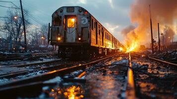 ai gerado trem acidente com fogo dentro a cidade às noite. foto