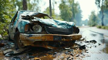 ai gerado abandonado carro em a estrada depois de uma inundar dentro a floresta. foto