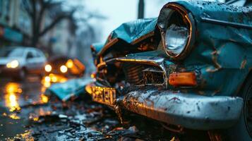 ai gerado caiu carro em a rua dentro a cidade às noite. carro acidente foto