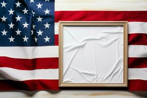 ai gerado patriótico conceito americano bandeira e esvaziar quadro, Armação em branco pano de fundo foto